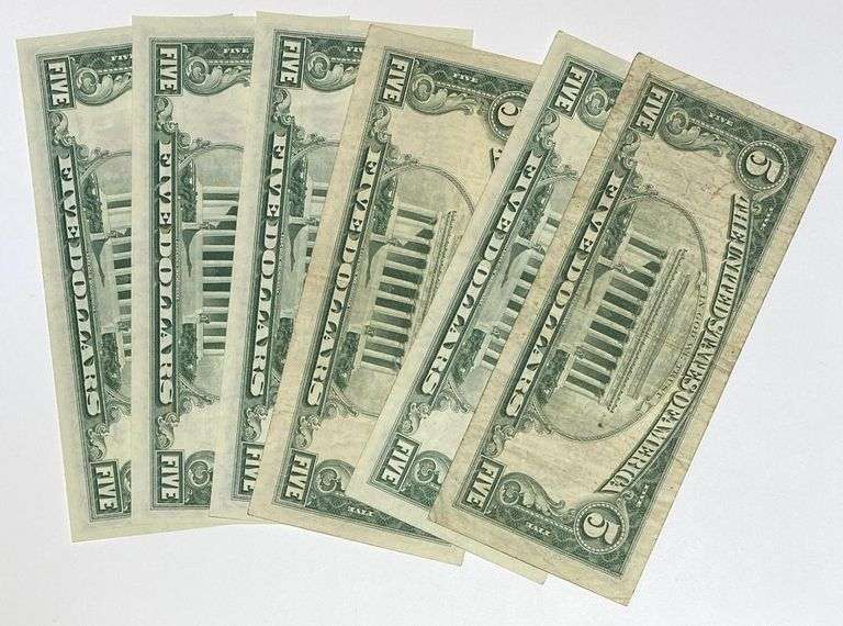 6 Clean 1963 $5 Red Seal US Notes