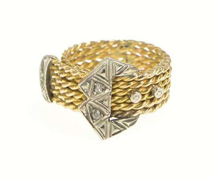14K Yellow Gold Victorian Rose Cut Diamond Belt Buckle Ring