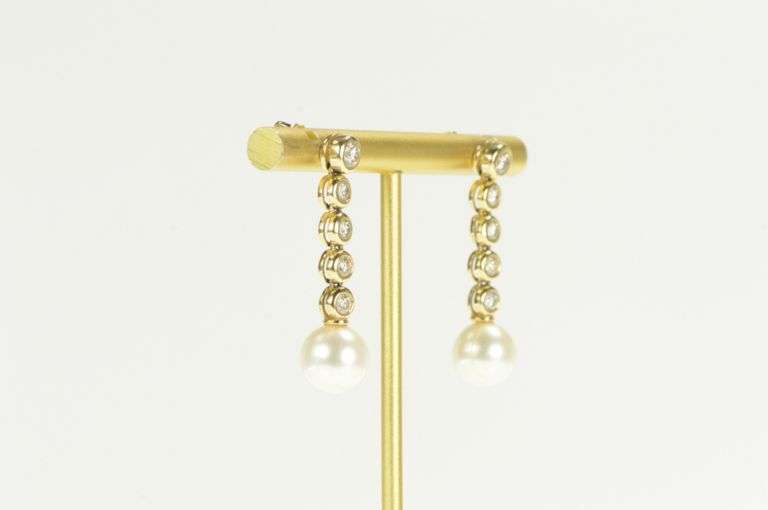 14K Yellow Gold 1.25 Ctw Pearl Diamond Dangle Statement Earrings