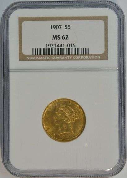 Very Choice BU 1907 US $5 Liberty Gold Piece. NGC MS62