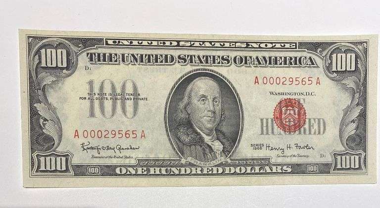 Choice Near Unc 1966 $100 Red Seal US Note