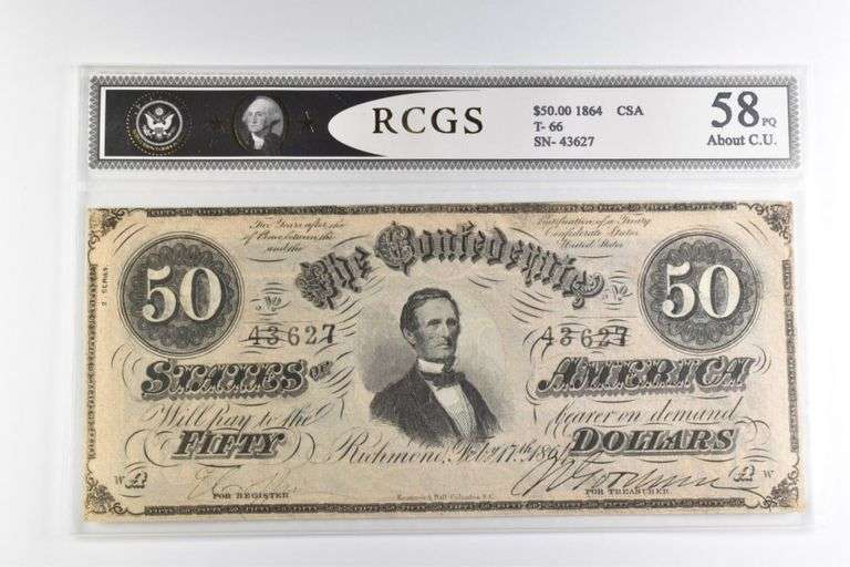 RCGS About CU 58 PQ $50 1864 Confederate States Of America Note