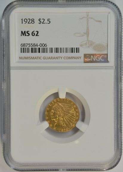 Fully struck Choice BU 1928 US $2.50 Indian Gold Piece. NGC MS62