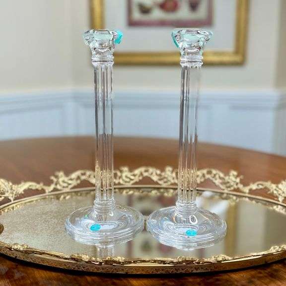 New 10-Inch Tiffany & Co Clear Crystal Column Candle Holders