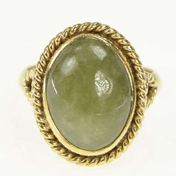 14K Yellow Gold Oval Jadeite Cabochon Vintage Statement Ring