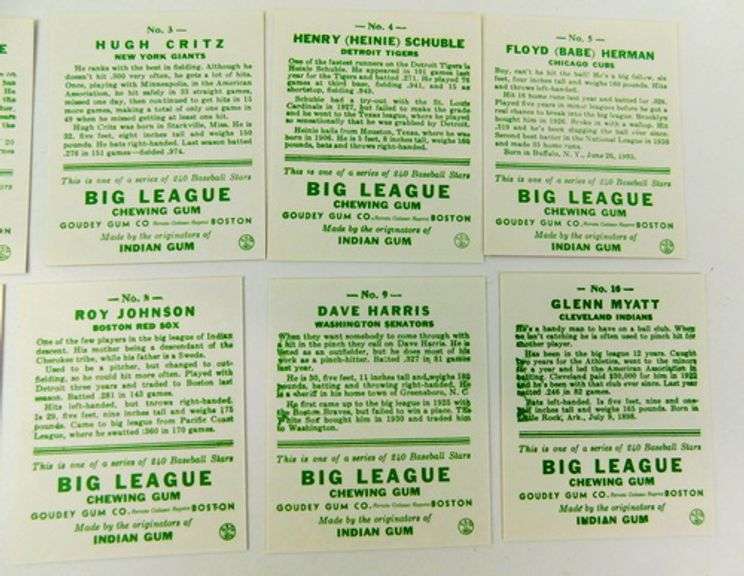10 - 1933 Goudey Gum Reprint Baseball Cards