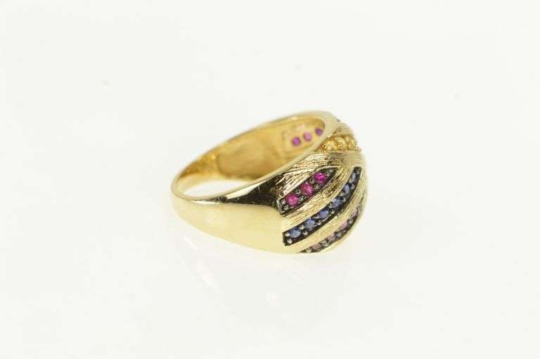 14K Yellow Gold Domed Yellow Pink Blue Sapphire Statement Ring