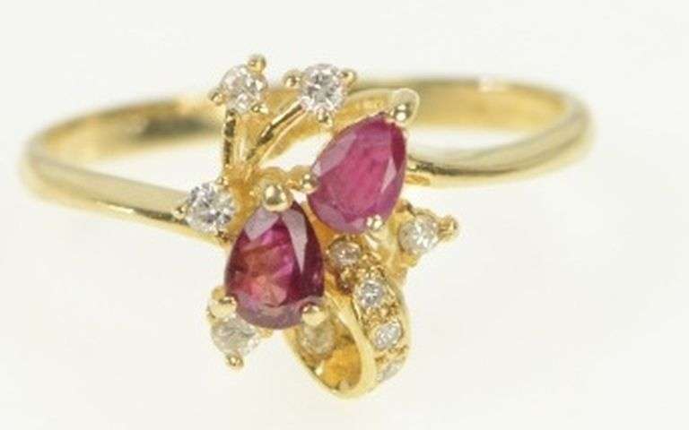 14K Yellow Gold Pear Natural Ruby Diamond Cluster Ring