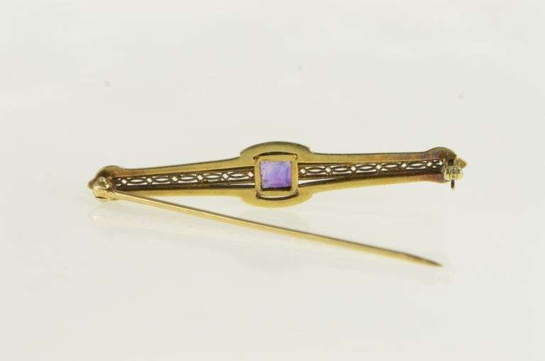14K Yellow Gold Victorian Ornate Amethyst Filigree Bar Pin/Brooch
