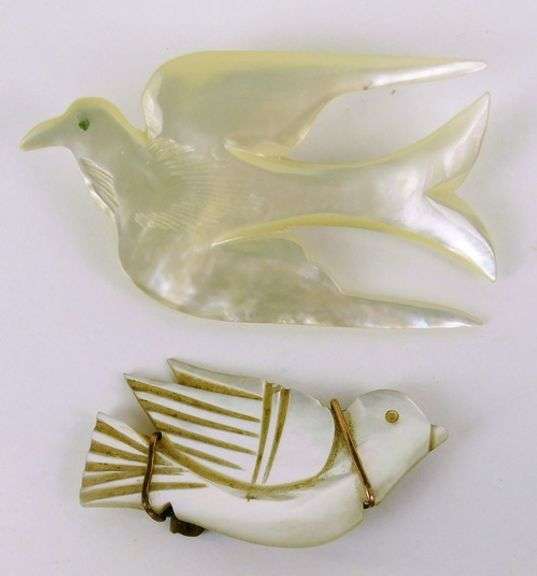 2 Vintage Carved Mother of Pearl Dove Pins