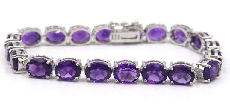 925 Sterling silver oval amethyst link bracelet
