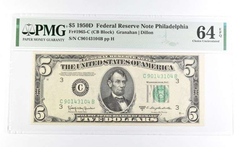 PMG64 ChoiceUnc EPQ 1950D $5 Philadelphia FRN Green Seal Fr#1965-C