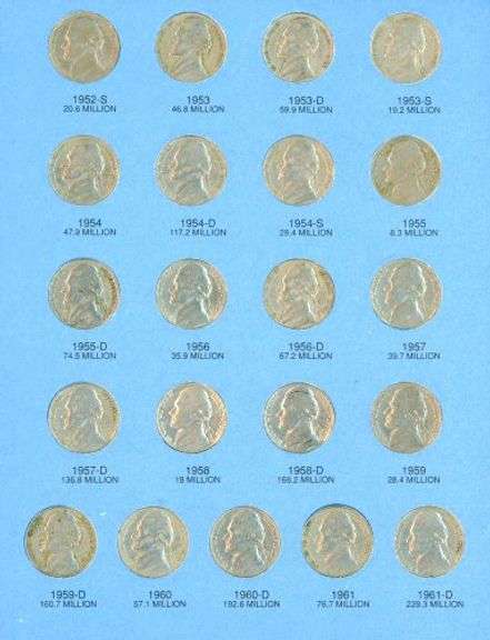 Album of 65 Jefferson Nickels 1938-1961-D w/War Nickels