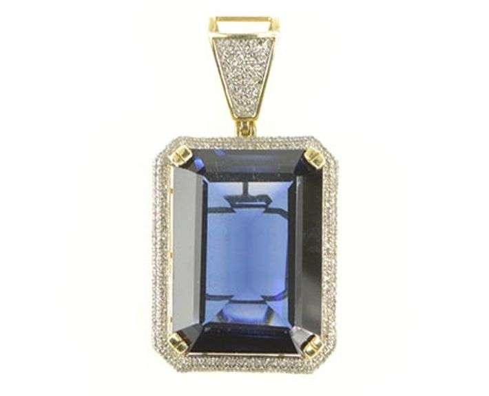 10K Yellow Gold Emerald Sim. Sapphire Diamond Encrusted Pendant