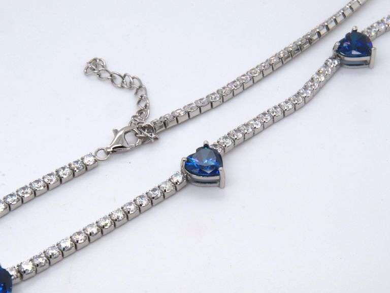 Blue Heart Shaped Cubic Zirconia w White Cubic Zirconia Necklace