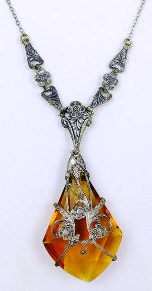 Large Antique Golden Crystal Ornate Necklace