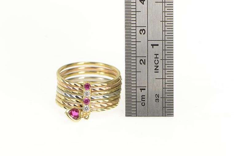 14K Yellow Gold Tri Tone CZ Syn. Ruby Layered Stacking Ring