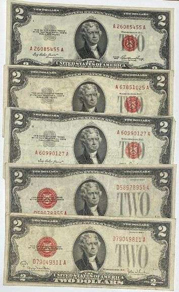 1928 F G 1953 1953 A B $2 Red Seal US Notes.