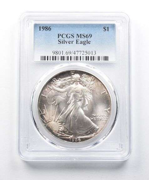 MS69 1986 American Silver Eagle PCGS Blue Peripheral Toning