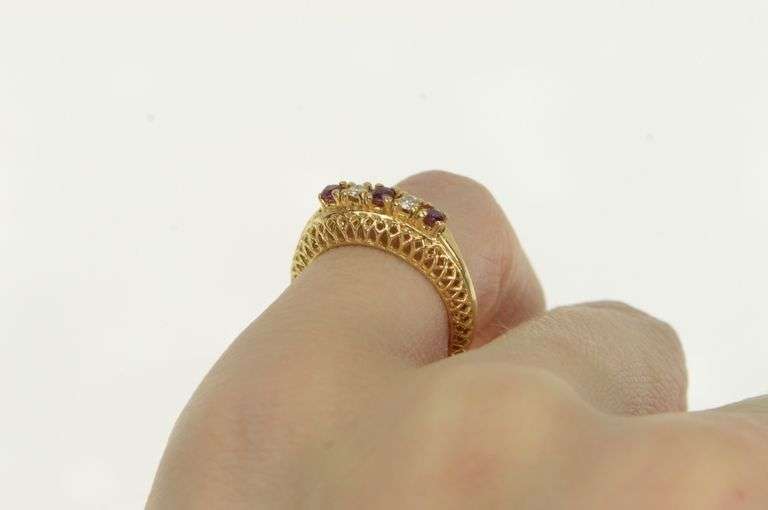 14K Yellow Gold Ornate Filigree Ruby Diamond Ornate Band Ring