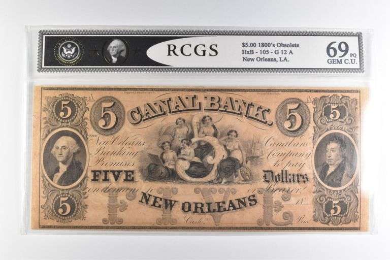 RCGS Gem CU 69 PQ $5 1800s New Orleans, LA Canal Bank Note