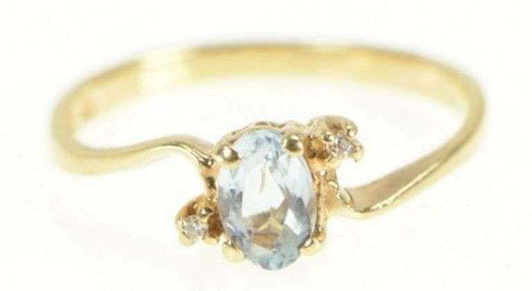 10K Yellow Gold Oval Blue Topaz Diamond Accent Bypass Ring