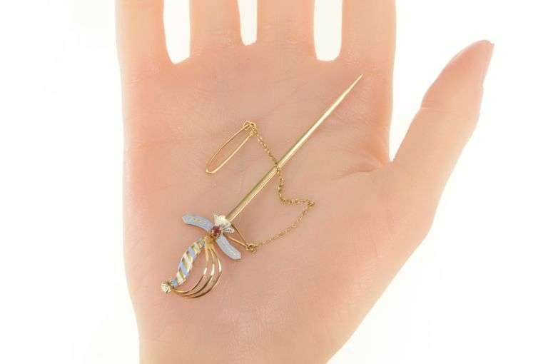 14K Yellow Gold Victorian Enamel Sword Rapier Chain Pin/Brooch
