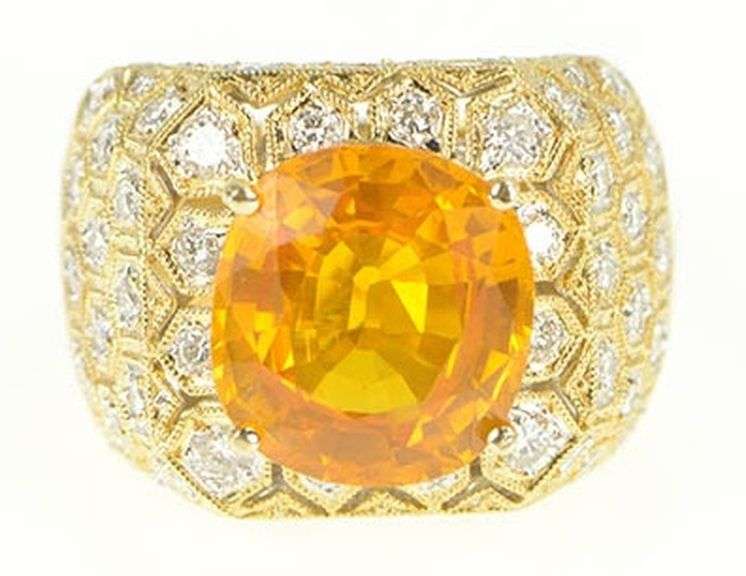 18K Yellow Gold 6.00Ctw Orange Sapphire Diamond Honeycomb Ring