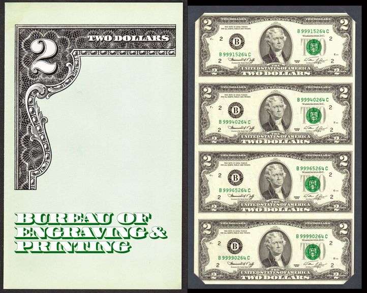 $2 1976 Uncut sheet of 4 notes in original BEP holder with Envelope