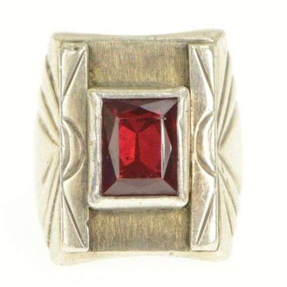 Sterling Silver Garnet Squared Southwestern Stamped OA Ring