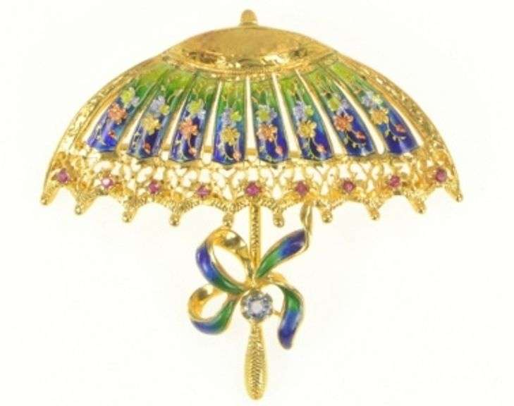 18K Yellow Gold Ruby Sapphire Enamel Parasol Umbrella Pin/Brooch