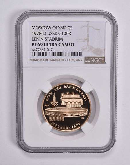 PF69UCAM 1978 (L) USSR Gold 100 Rubles Moscow Olympics Stadium NGC