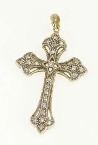 14K White Gold Diamond Elaborate Cross Christian Pendant