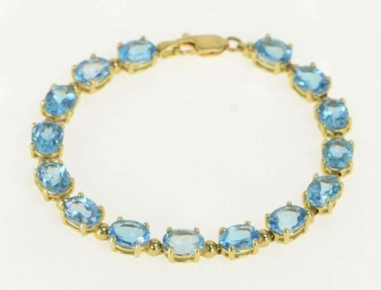 14K Yellow Gold Oval Blue Topaz Vintage Statement Bracelet