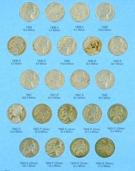 Album of 65 Jefferson Nickels 1938-1961-D w/War Nickels