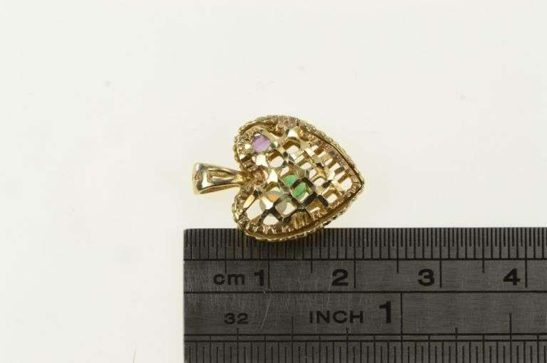 10K Yellow Gold Emerald Opal Amethyst Filigree Heart Love Pendant