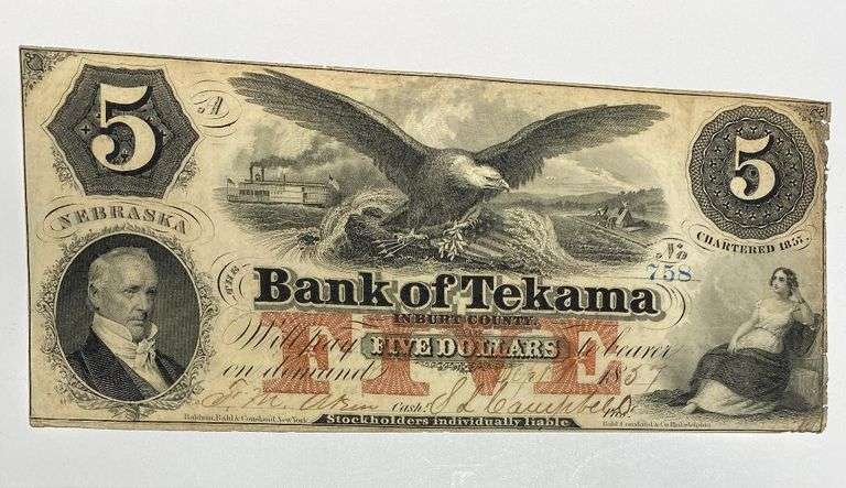$5 Bank of Tekama Nebraska 1857 Note