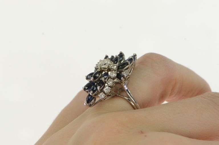 14K White Gold 1950's 3.61 Ctw Diamond Sapphire Cocktail Ring