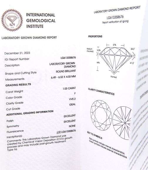 1.03ctw round brilliant cut lab grown diamond