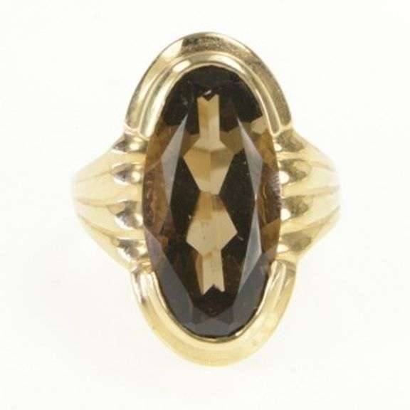 10K Yellow Gold Retro Smoky Quartz Oval Statement Vintage Ring