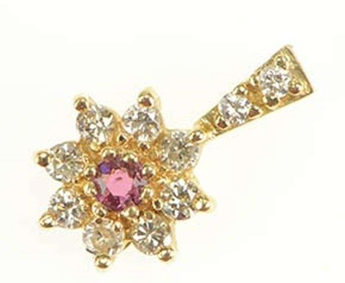18K Yellow Gold 0.36 Ctw Diamond Ruby Flower Halo Cluster Pendant