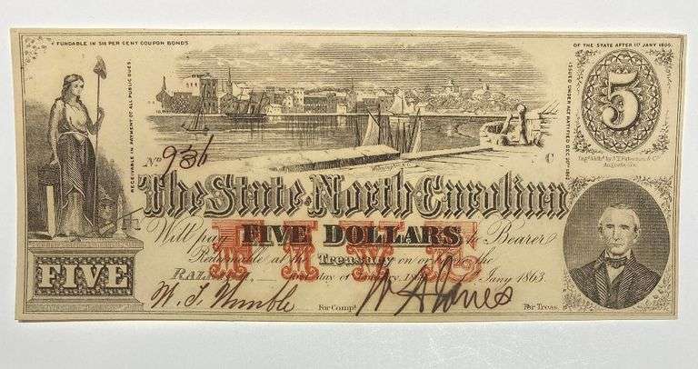 $5 1863 State of North Carolina Unc Note