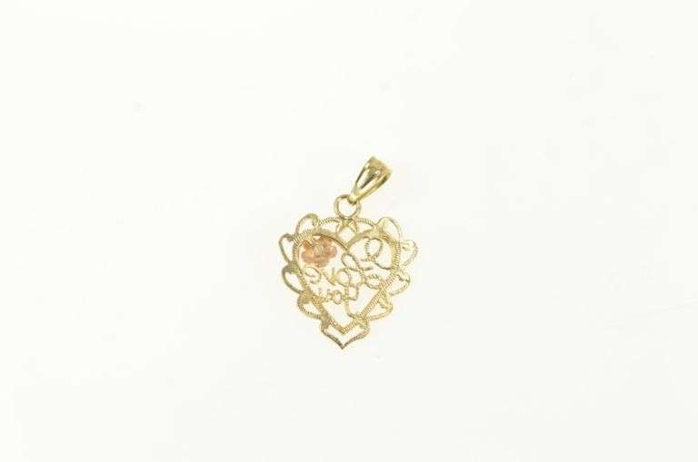 14K Yellow Gold I Love You Heart Filigree Rose Romantic Pendant