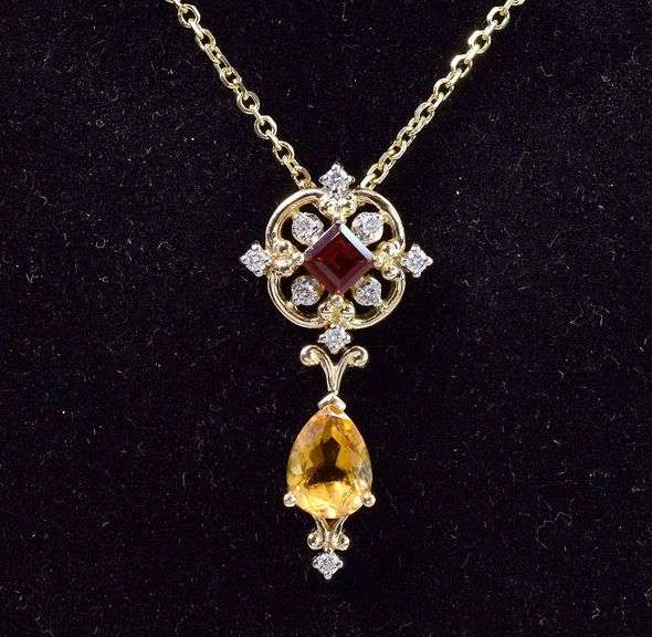 Stunningly Beautiful 14K Yellow Gold Necklace and Earrings Jewelry Set with Red garnet, Citrine, and