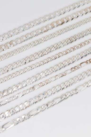 Sterling Silver - Italy Stamped - Super Flats - Curb / Figaro Mixed Lot - 9 Chains - 7.8mm to 13mm W