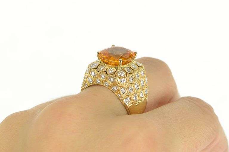 18K Yellow Gold 6.00Ctw Orange Sapphire Diamond Honeycomb Ring
