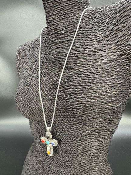 Sterling Silver Polished Black Agate Turquoise Abalone Pendant Cross Charm 925