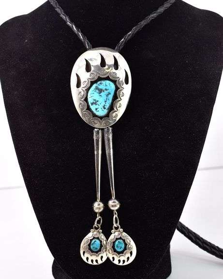 Amazing 925 Bear Claw Bolo with Turquoise gemstones made by Navajo Artist Teddy Goodluck SR.