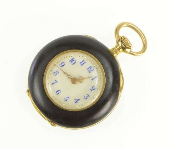 Black Enamel Fleur De Lis Rose Cut Diamond Pocket Watch