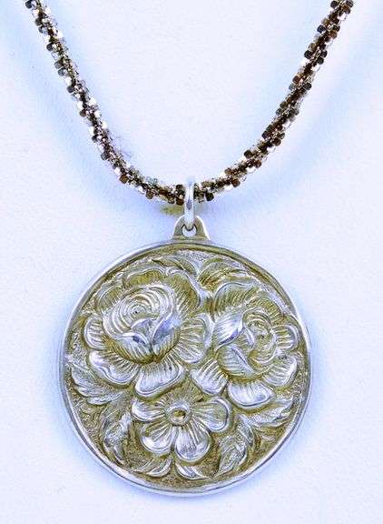 Vintage Sterling Repousse Flower Pendant & Chain